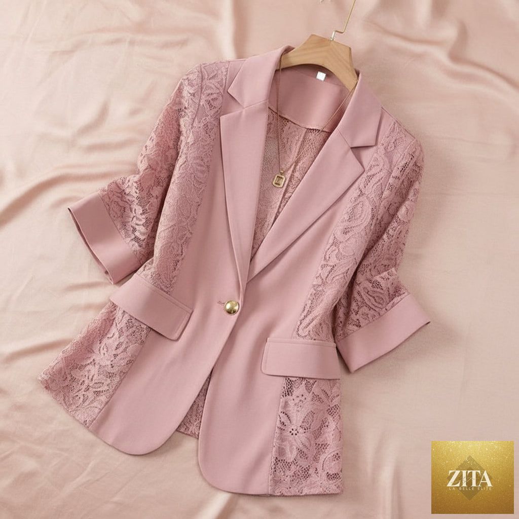 Women's lace patchwork blazer by FitiqueFit, white and black, three-quarter sleeve suit jacket with one button.