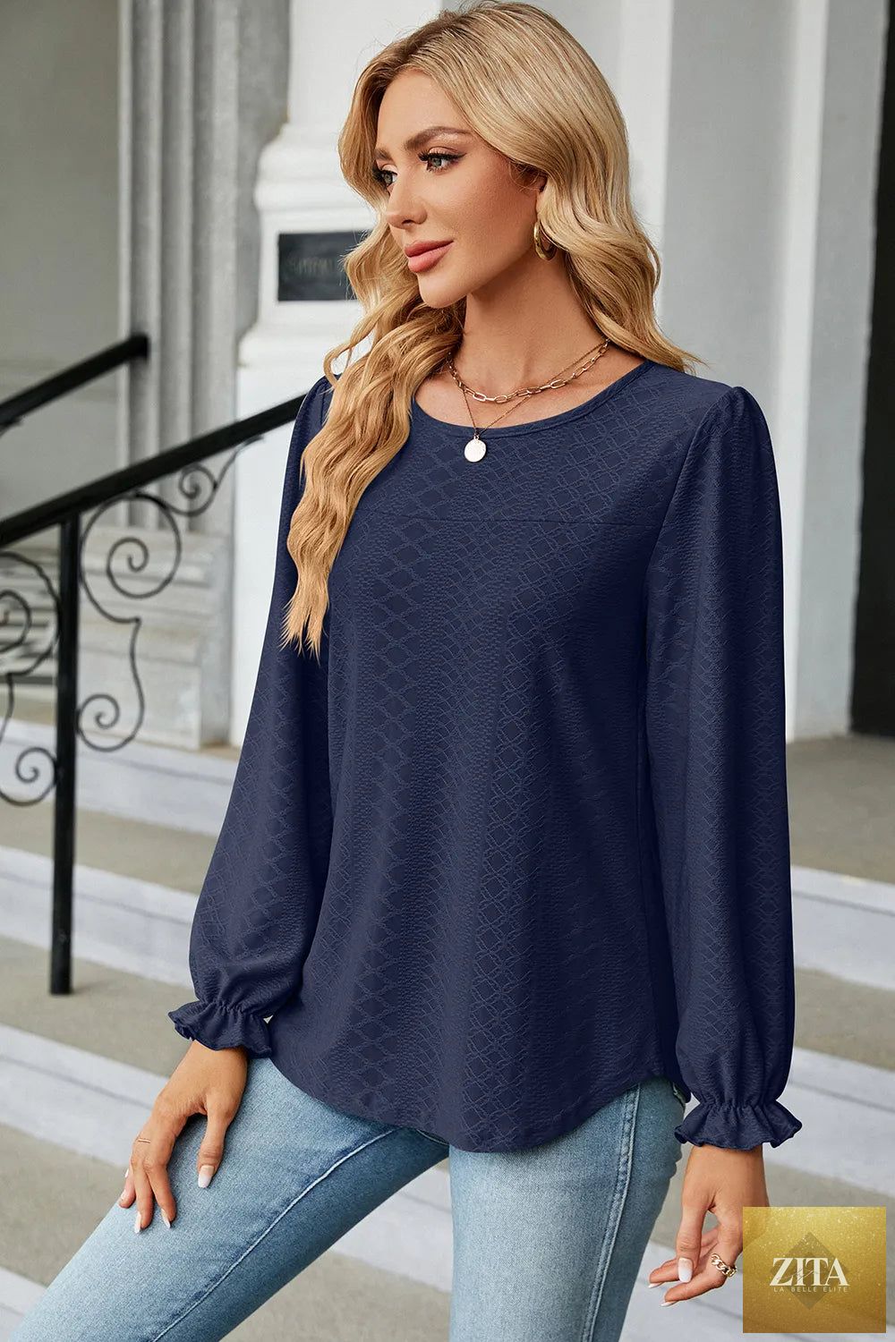 Zita La Belle Elite round neck casual T-shirt with flounce sleeves, lightweight and stylish for everyday wear.