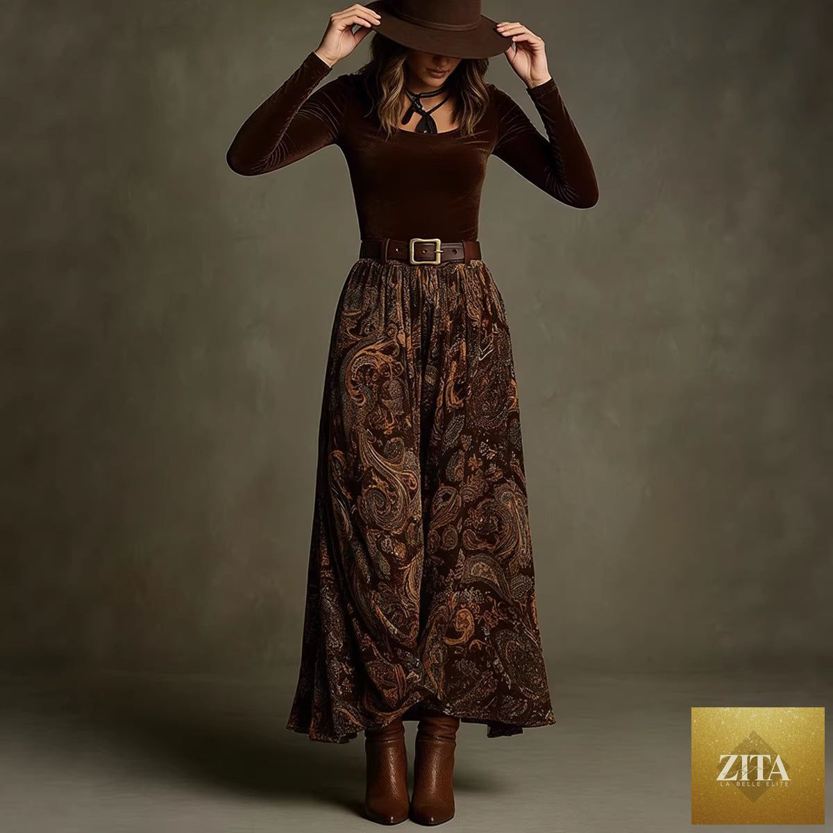 Women's floral print long sleeve skirt set with belt in caramel by Zita La Belle Elite, casualwear outfit, front view.