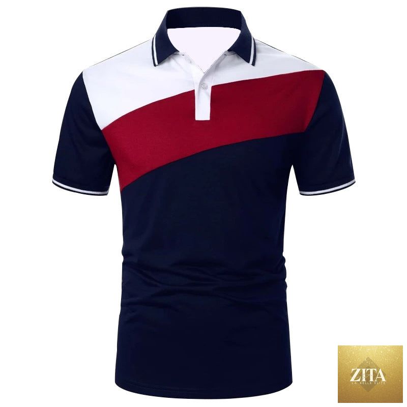 Men's patchwork modern polo shirt by Stevvex featuring stylish design, casual fit, and button-up collar, displayed on a neutral background.