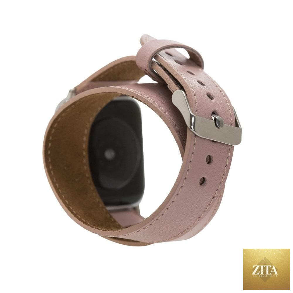 Luxury double wrap pink leather Apple Watch band by LEATHERE, featuring soft, stylish leather design for Apple Watch.