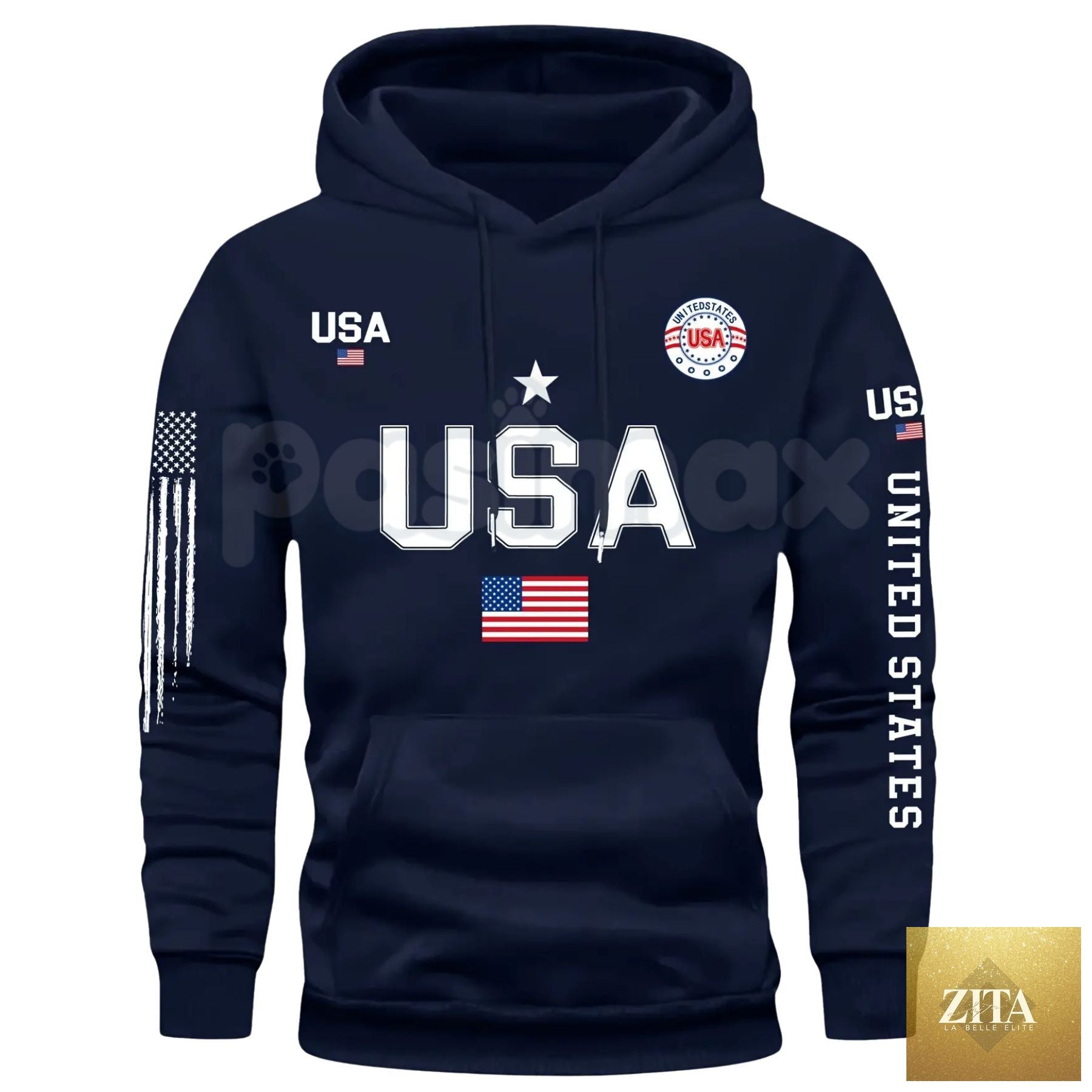 Pasimax Patriot USA flag print hoodie for men featuring vintage stars and stripes graphic on American heritage fleece sweatshirt.