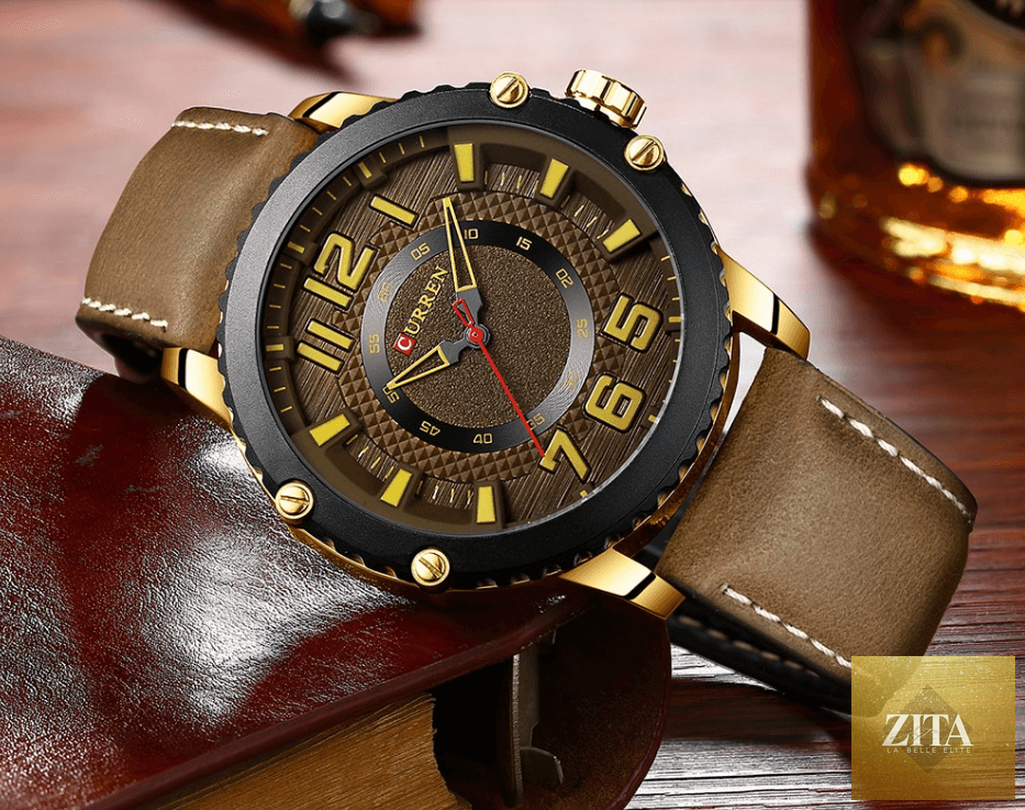 Men's waterproof sport watch by Stevvex with leather belts and large number details, showcasing a unique design.