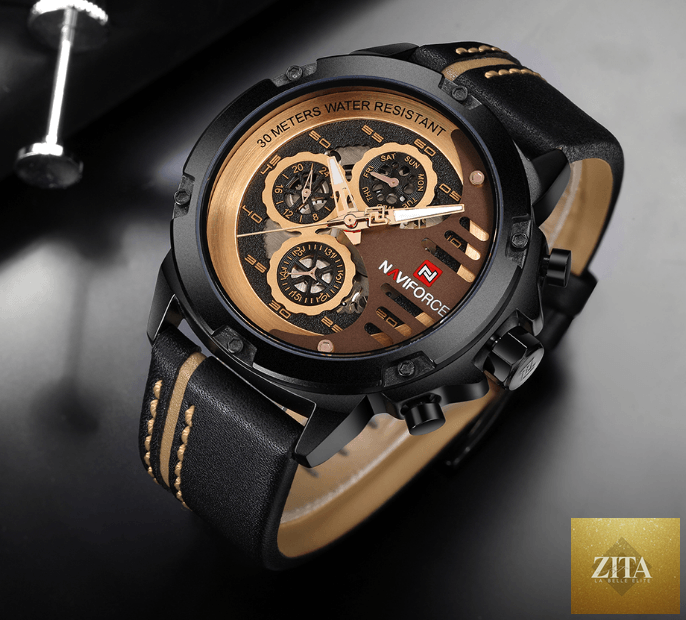 Men's Stevvex waterproof sports watch with chronometers, leather belt, multifunction features, and a unique design.