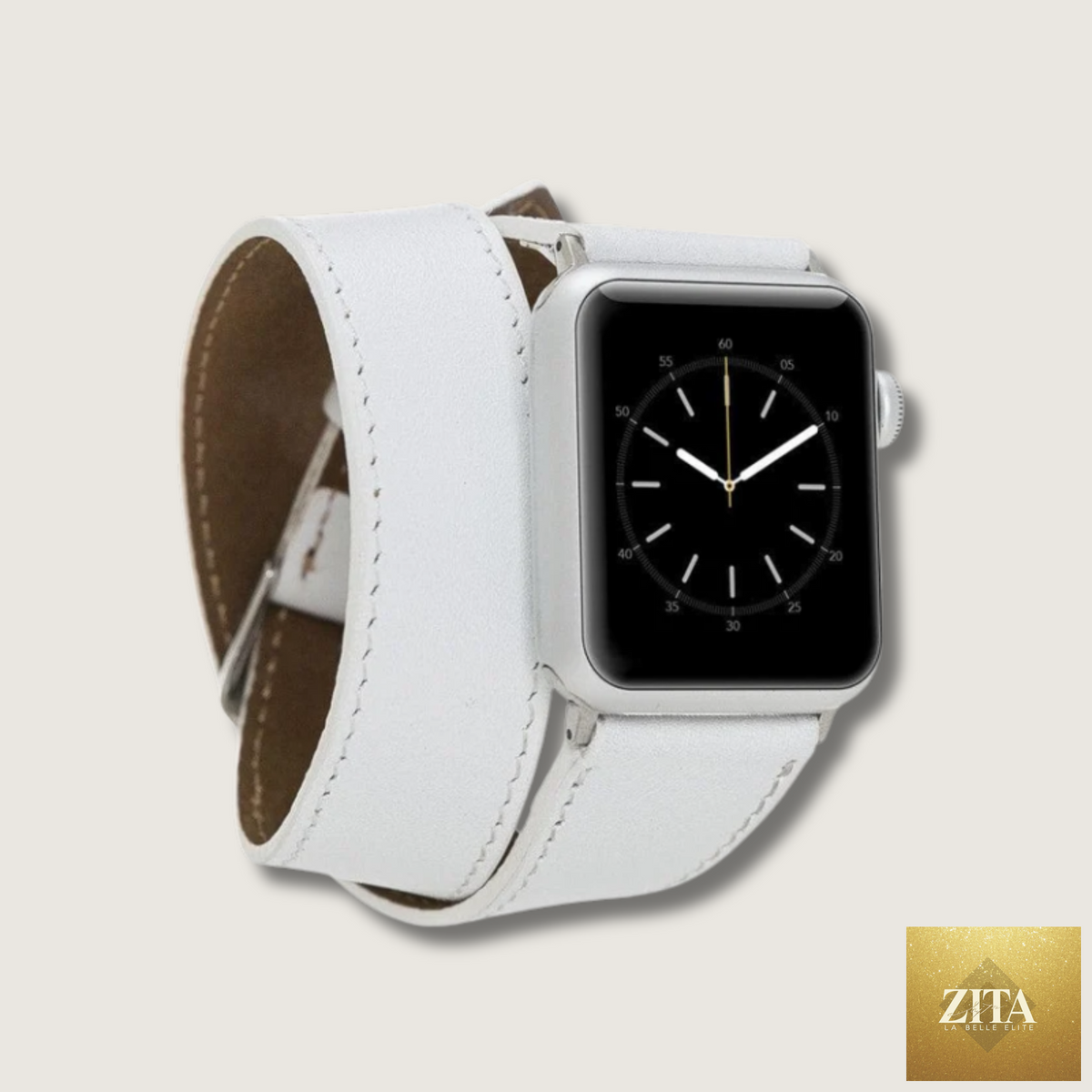 Luxury double wrap white leather Apple Watch band by LEATHERE, featuring a sleek, stylish design for Apple Watch.