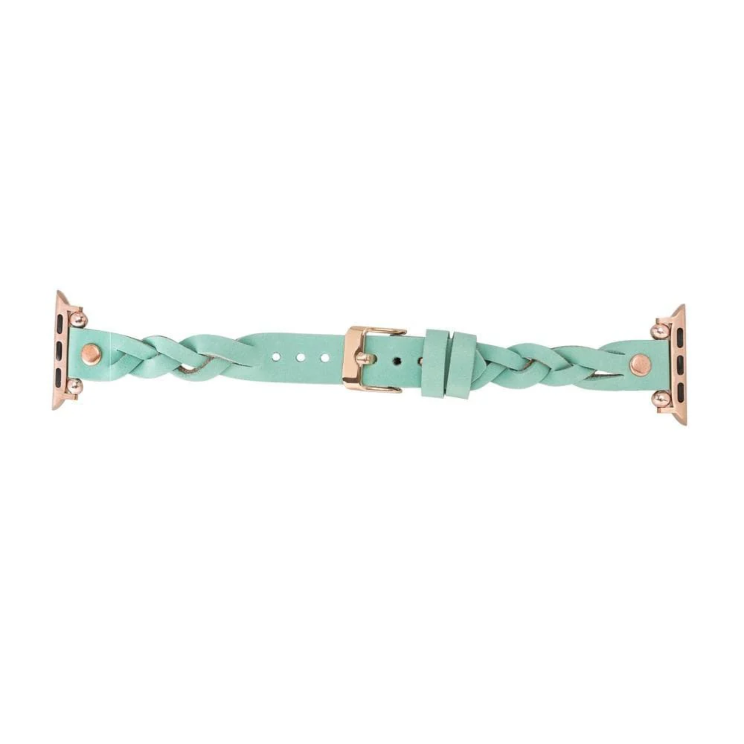Leather Apple Watch band in mint green with braided design, by LEATHERE, showcasing the stylish braided leather strap for Apple Watch.