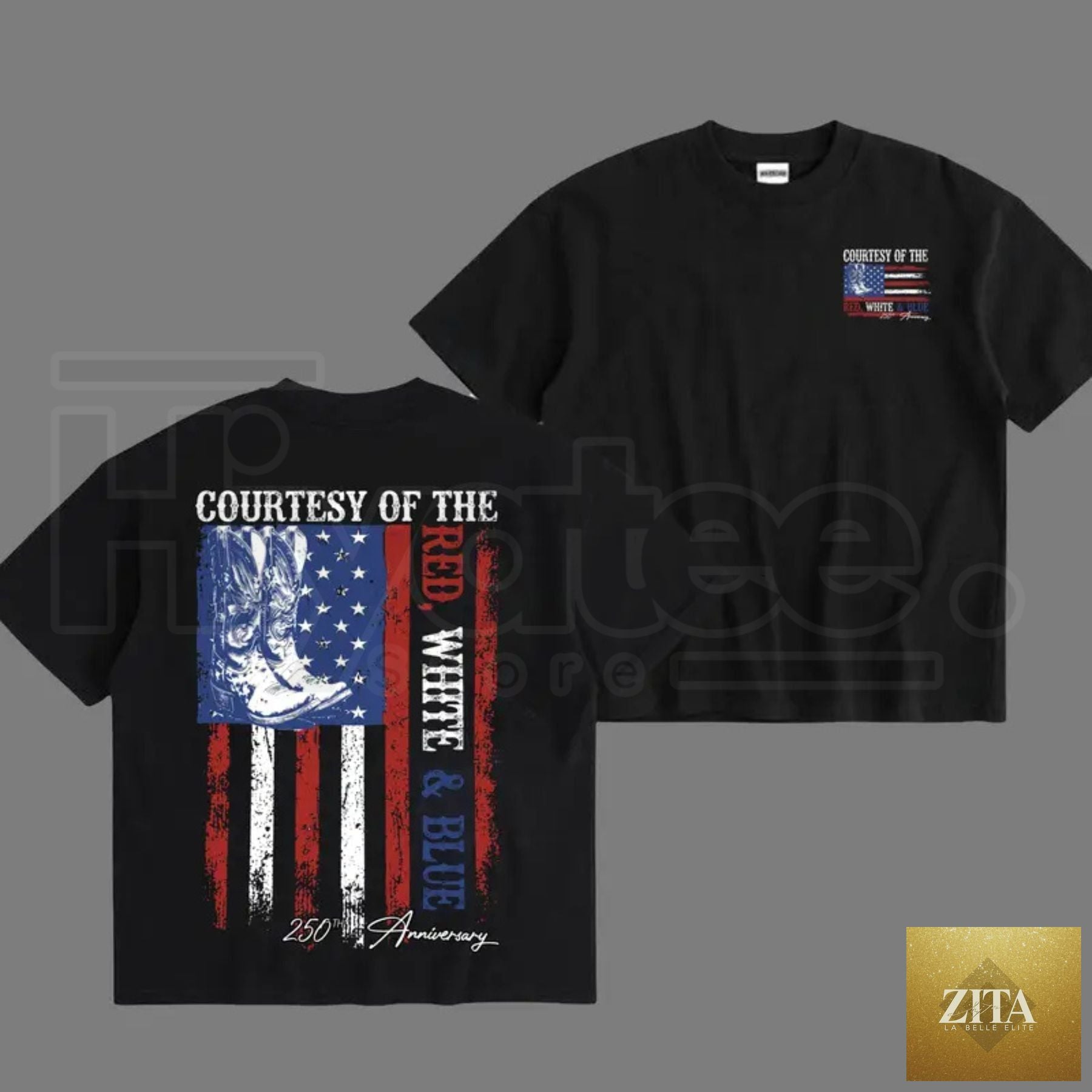 Hiyatee patriotic country music album cover titled "Courtesy Of Red White & Blue" celebrating 250th anniversary with patriotic design.