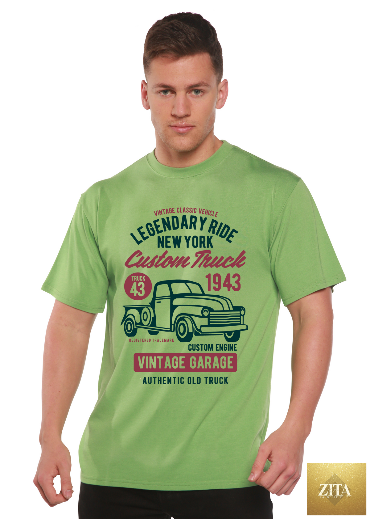 Spun Bamboo Legendary Ride Custom Truck men's bamboo viscose organic cotton graphic T-shirt, short sleeve with truck design.