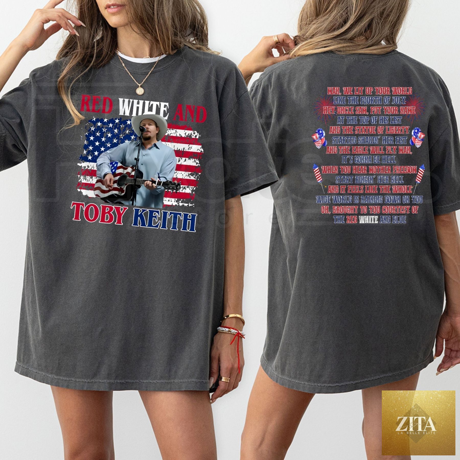 Hiyatee patriotic T-shirt featuring Toby Keith's "Courtesy of the Red White and Blue" tribute design, casual country music apparel