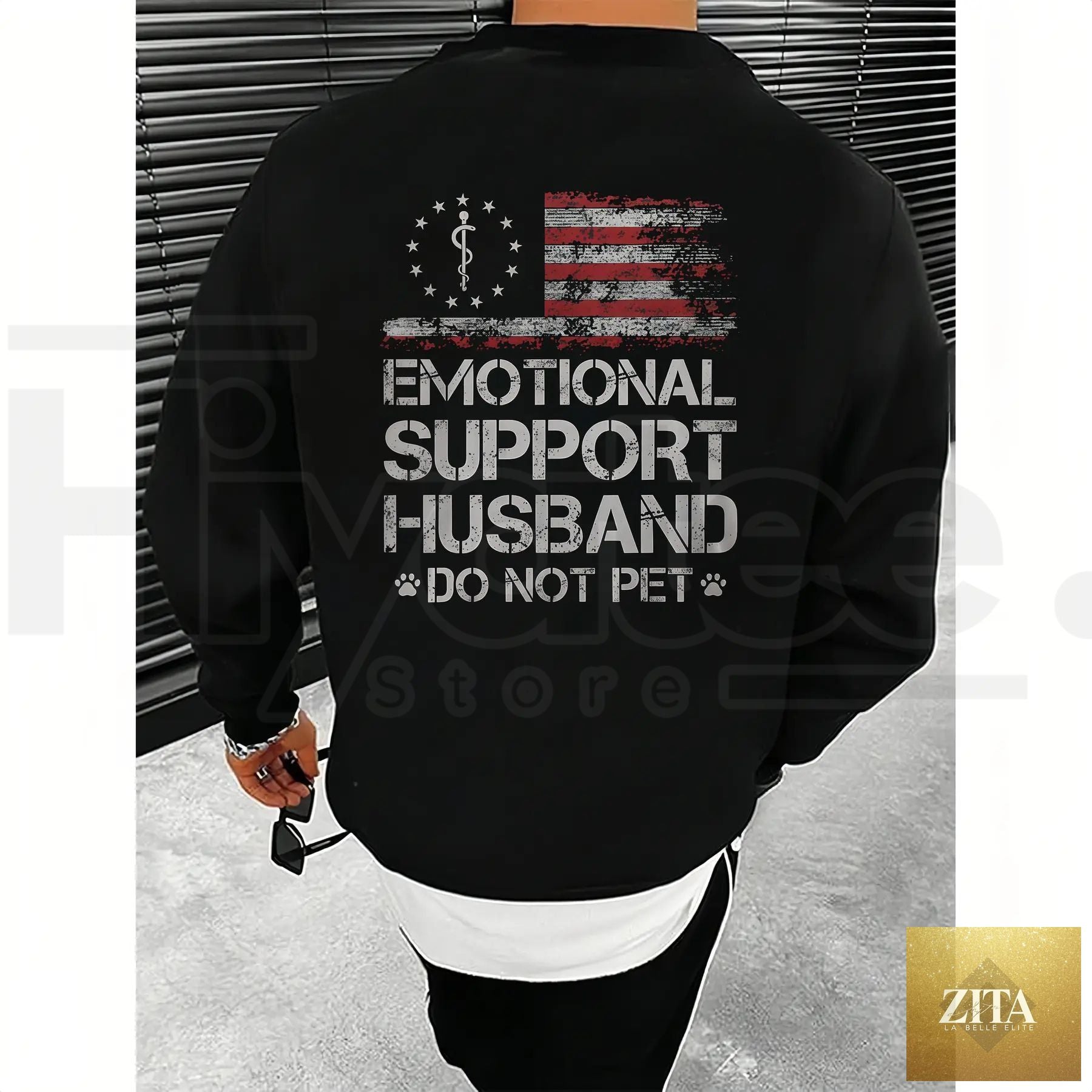 Hiyatee emotional support husband graphic apparel featuring a USA flag motif, casual T-shirt with patriotic design.