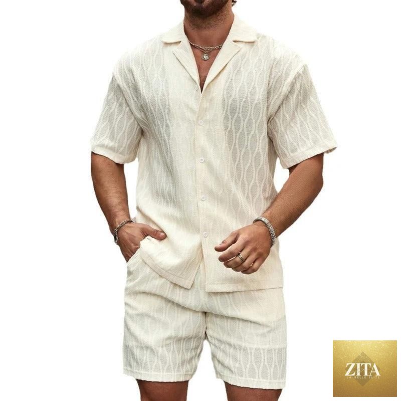Mandotos men's summer tracksuit two-piece cover-up swimsuit with lapel shirt and shorts, perfect for beach holidays.