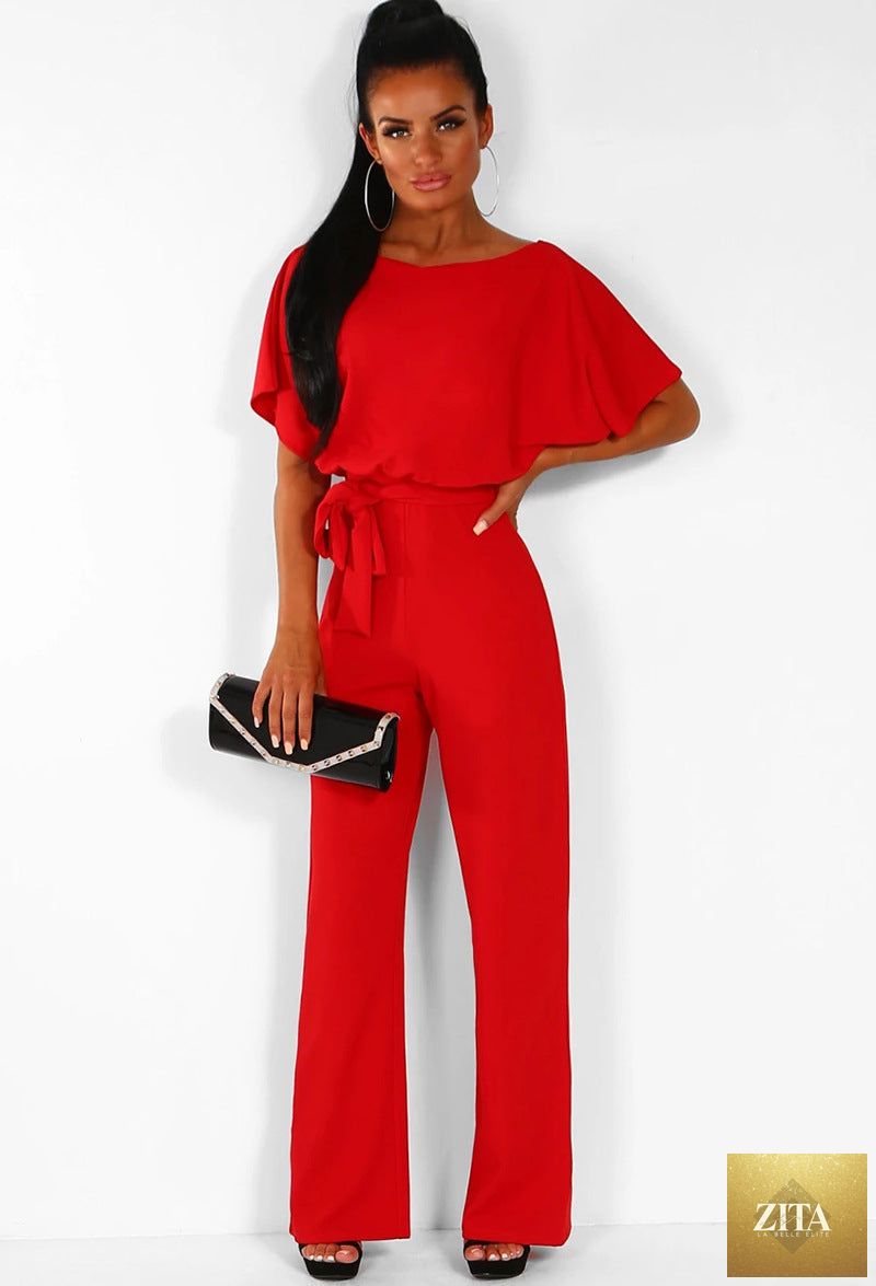 LadyShow.Store women's body and pagliaccetti jumpsuit with short sleeves, straight-leg design, and strap details.