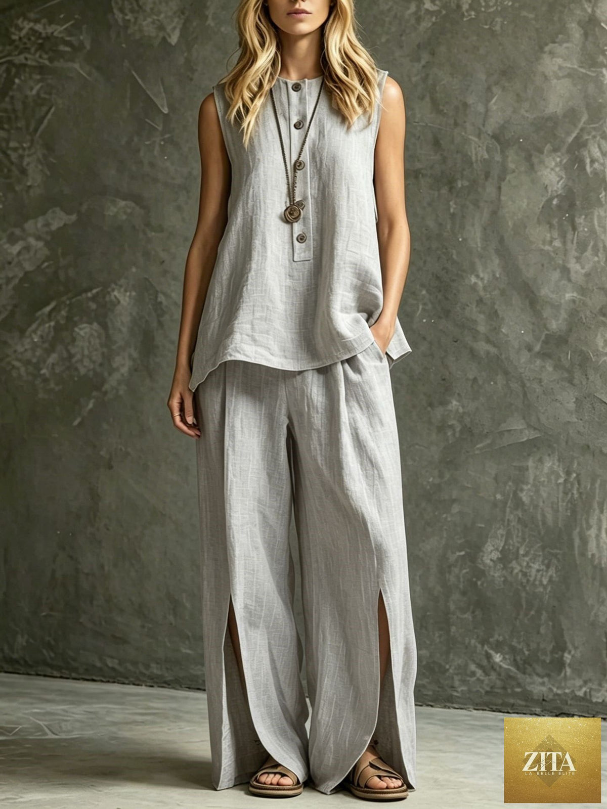 Women's casual sleeveless tank top and wide-leg slit pants set by Zita La Belle Elite, featuring a relaxed fit and stylish design.
