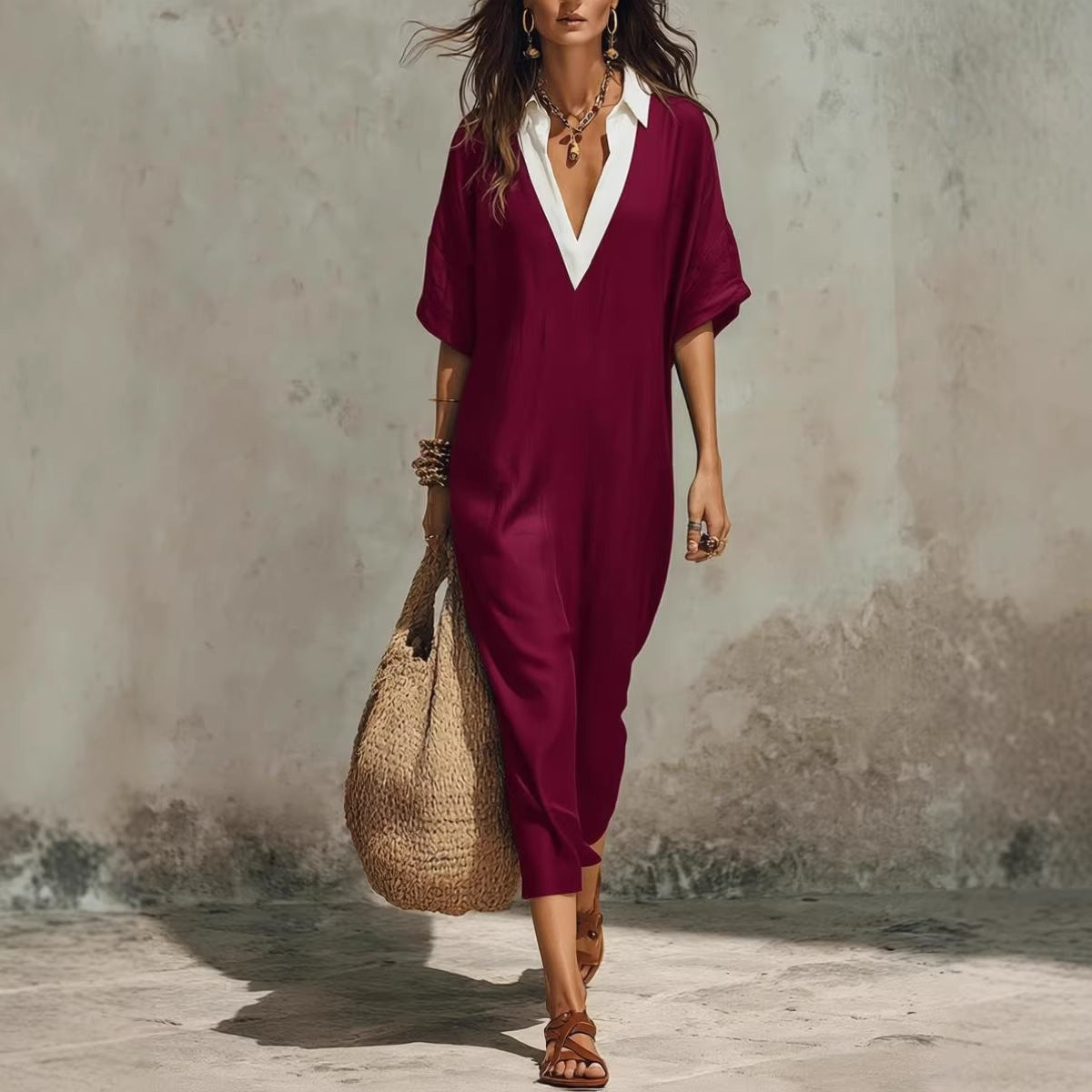 Women's linen midi dress with V-neck, loose fit, cropped sleeves, and pockets by FitiqueFit, perfect for casual wear.