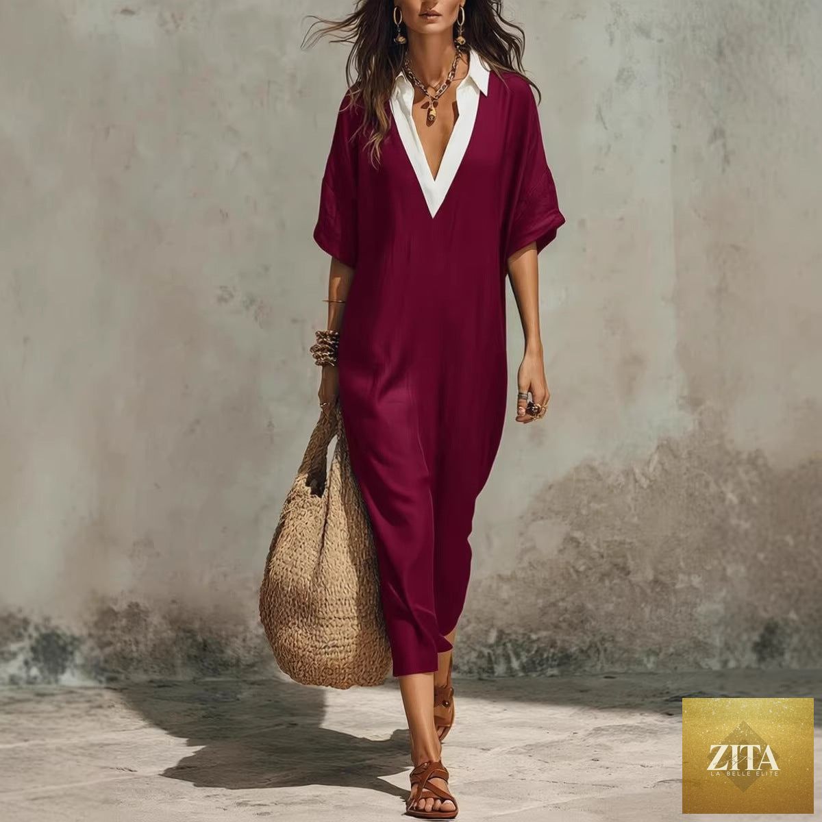 Women's linen midi dress with V-neck, loose fit, cropped sleeves, and pockets by FitiqueFit, perfect for casual wear.