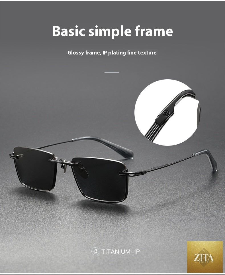 Pure titanium polarized sunglasses with retro British style, featuring dark lenses and slim frame, by FitiqueFit.