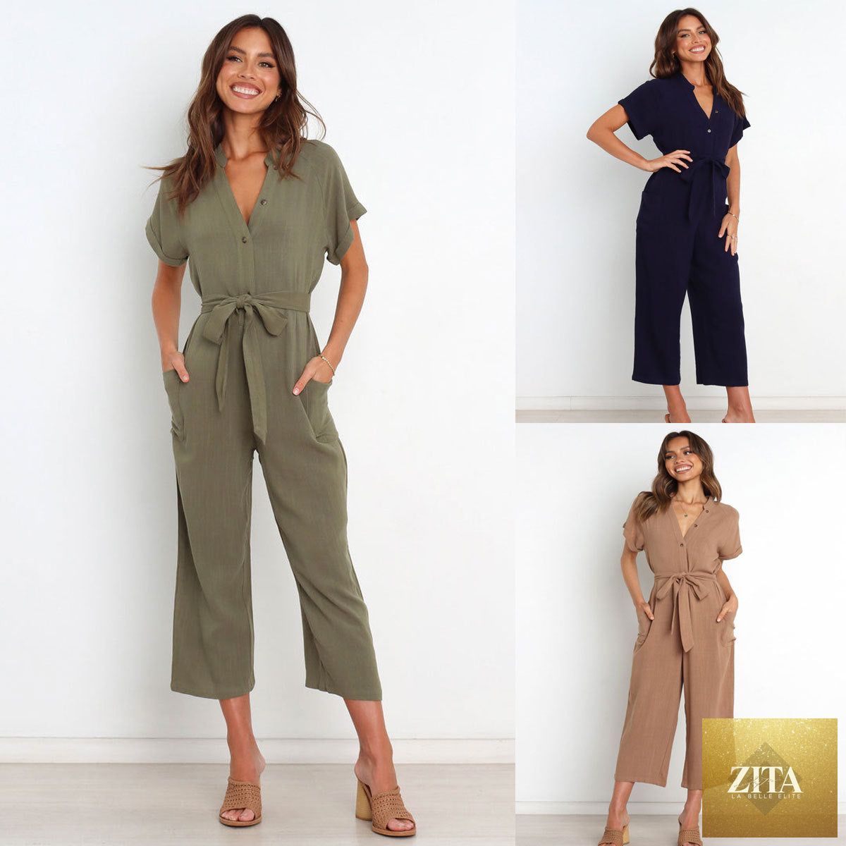 Women's V-neck cropped wide-leg knit jumpsuit by Zita La Belle Elite, casualwear, shown in a cozy, stylish fit with a V-neck and wide-leg design.