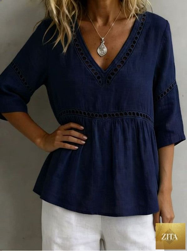 Women's V-neck hollow-out fringe cotton-linen top by Zita La Belle Elite, featuring a casual V-neck design with fringe and hollow-out details.