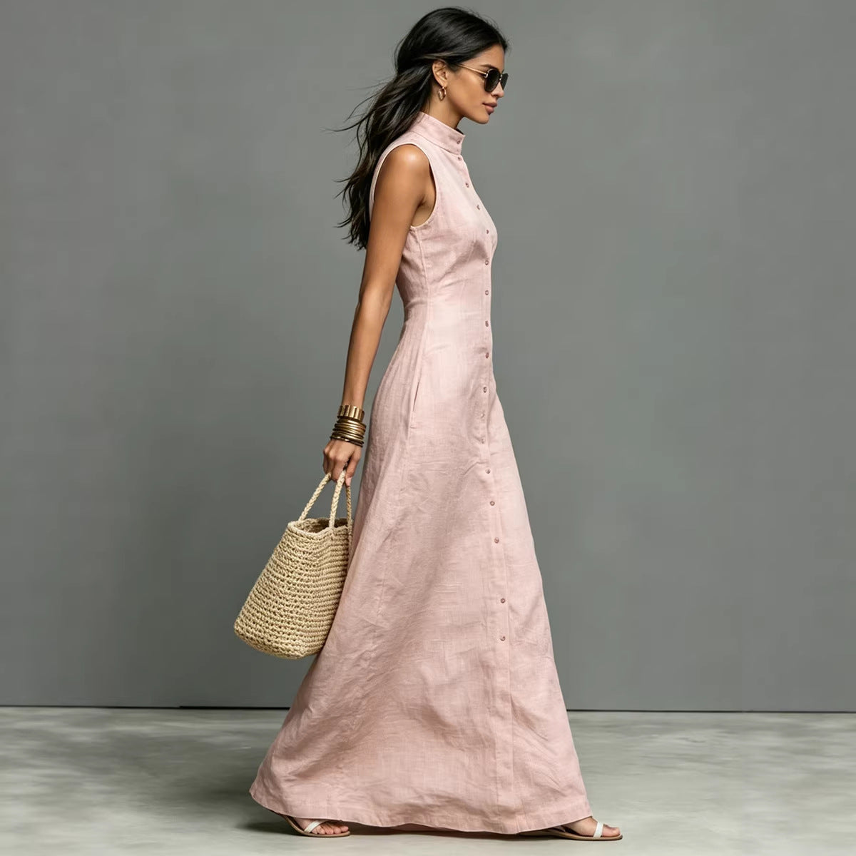 Women's sleeveless midi dress with stand collar and single-breasted design by FitiqueFit, perfect for casualwear.