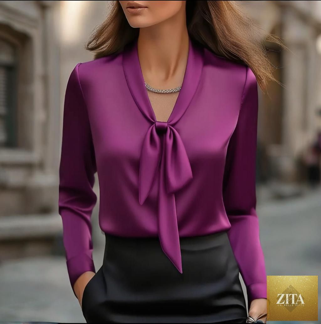 FitiqueFit elegant satin ribbon blouse with long sleeves and button-down front, perfect for casual or workwear.