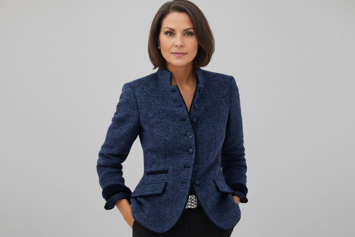 Women’s color-block woolen coat by FitiqueFit featuring multi-button closure, casual and elegant design, perfect for stylish winter wear.