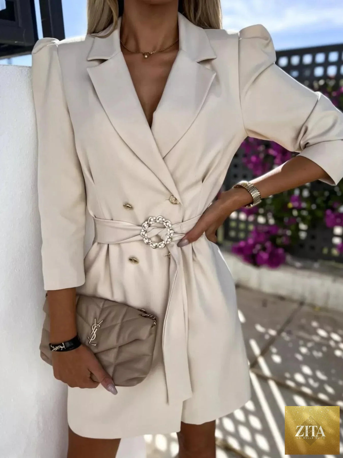 Shopiebay belted blazer dress with 3/4 sleeves, tailored fit, and stylish design perfect for professional or casual wear.