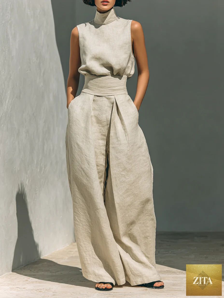 Casual sleeveless summer suit by LadyShow featuring a stand-up collar pullover top and loose straight-leg trousers for women.