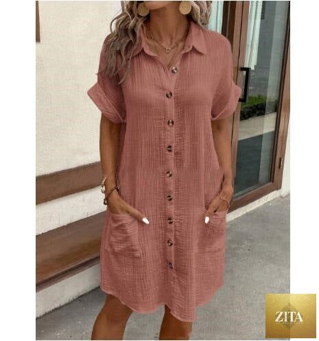 Women's cotton linen shirt dress by Zita La Belle Elite featuring a V-neck, button-front, and A-line silhouette.