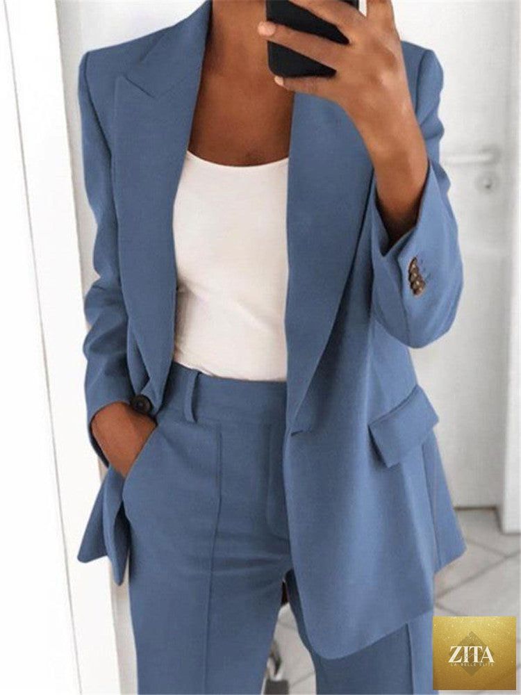 FitiqueFit two-piece suit with lapel blazer and slim-fit trousers in various colors, stylish formal outfit for men.