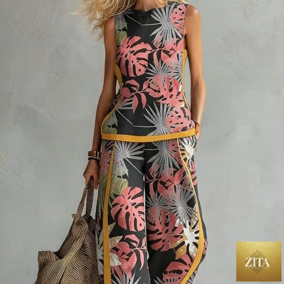 Printed retro sleeveless top and wide-leg pants set by FitiqueFit, featuring vibrant 12-print design in sizes S to 5XL.