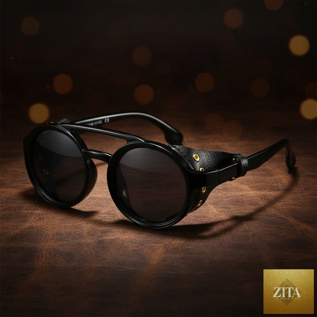 Retro round leather frame sunglasses by FitiqueFit, vintage eyewear with classic leather accents and round lenses.
