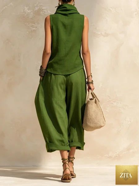 Women's Draped Cowl-Neck Sleeveless Top & Voluminous Balloon Lantern Trouser Set