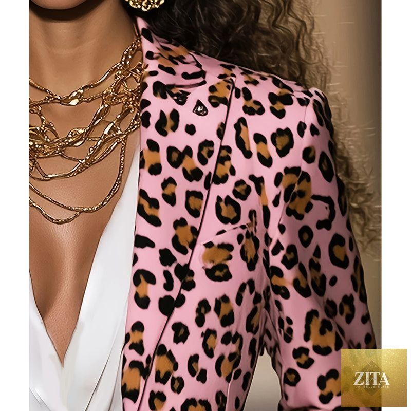Women's pink leopard blazer by FitiqueFit, casualwear style with tailored fit and stylish leopard print fabric.