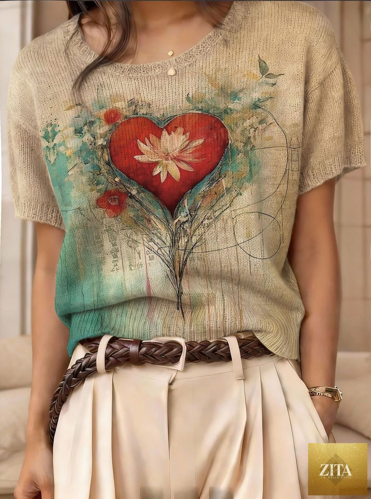 Women's retro short-sleeve jacquard knit top by Zita La Belle Elite, featuring a textured pattern and casual fit.