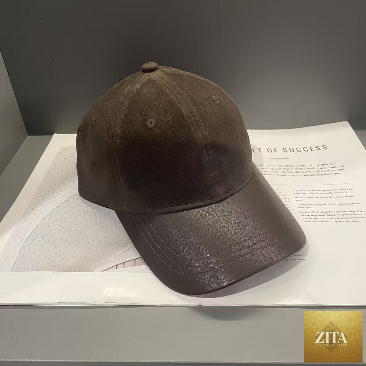 Women's retro suede patchwork baseball cap with leather brim and dome crown, stylish FitiqueFit hat for casual wear
