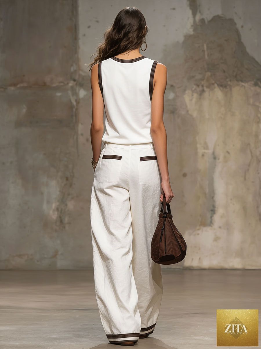 Women's minimalist sleeveless two-piece casualwear set by FitiqueFit, featuring a simple top and matching skirt or pants.