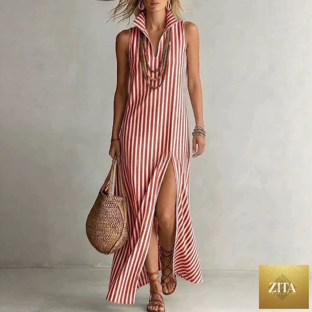 FitiqueFit striped sleeveless maxi dress with stand collar, side slit, A-line design, perfect casualwear for summer.