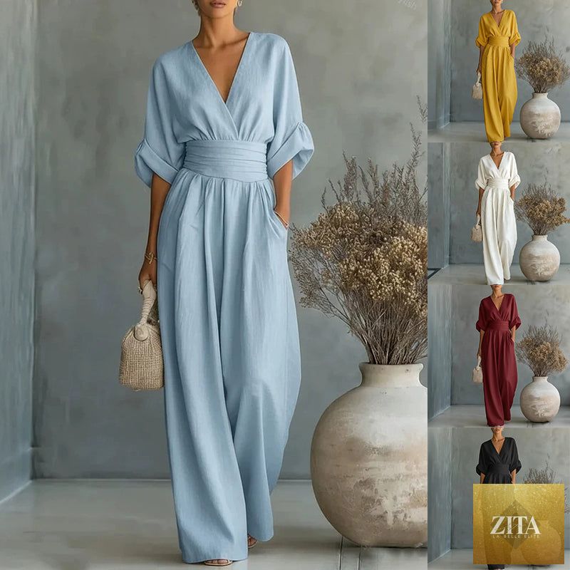 Women's V-neck wide-leg jumpsuit by Zita La Belle Elite in high waist pleated style, available in 11 colors, size S to 5XL.