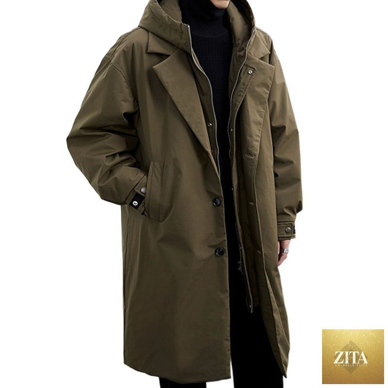 Male model wearing LadyShow.Store men's hooded mid-length trench coat, false two-piece design, stylish outerwear for cold weather