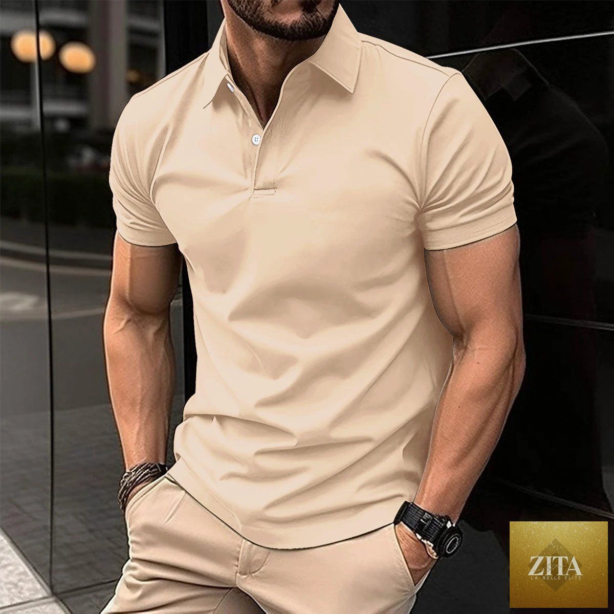 Mandotos men's summer short sleeve polo shirt in solid color with button lapel and classic fit, displayed on a plain background.