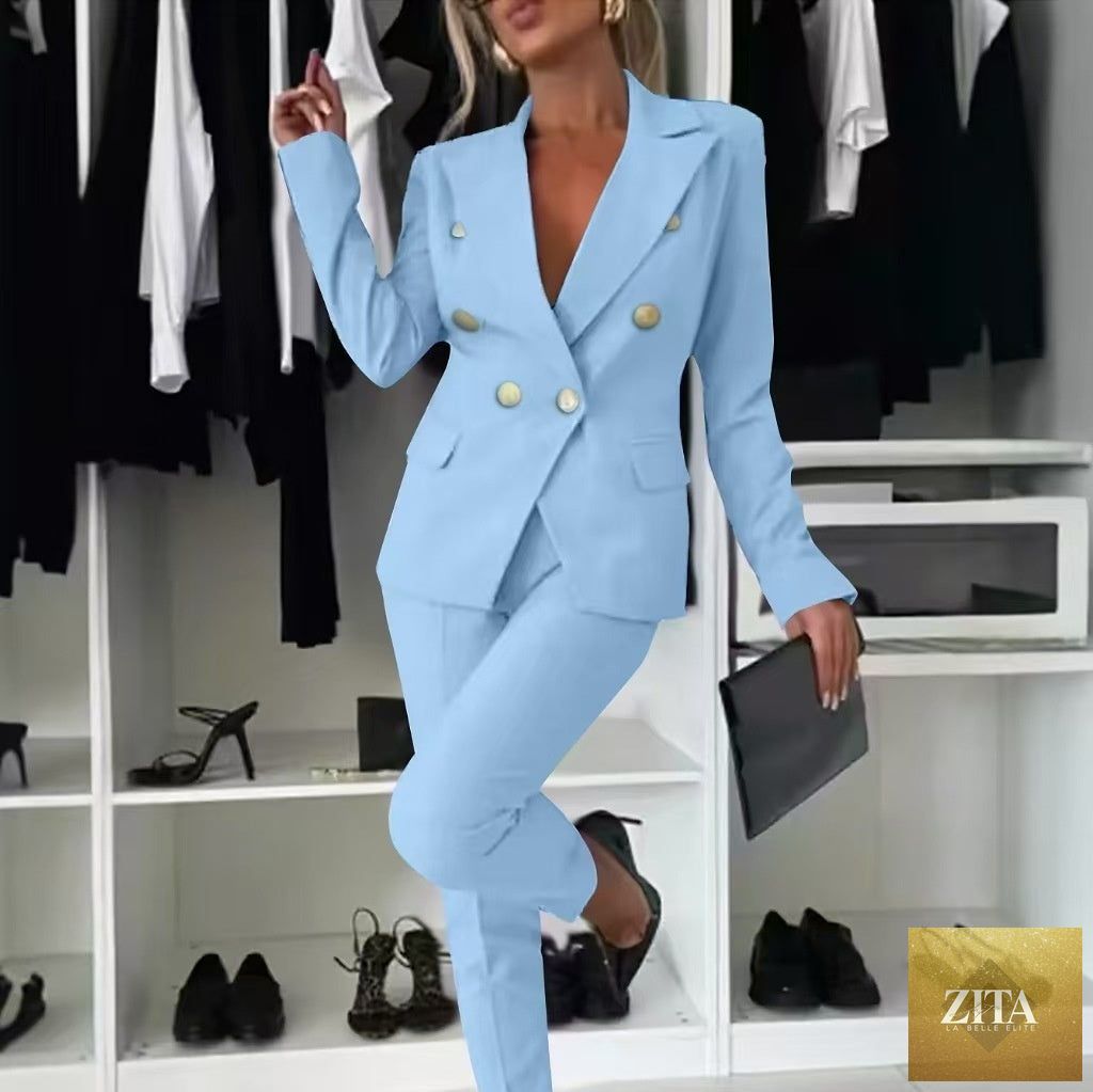 FitiqueFit double-breasted blazer and zip-up trousers two-piece suit, stylish formal wear with lapel blazer and matching trousers.
