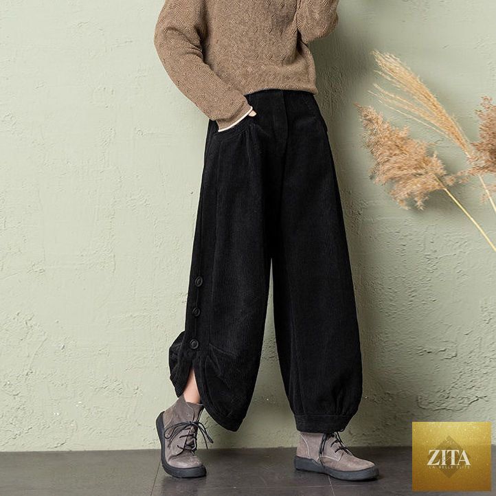 Zita La Belle Elite corduroy wide-leg pants with lace-up front detail, street style fashion, in a neutral color.