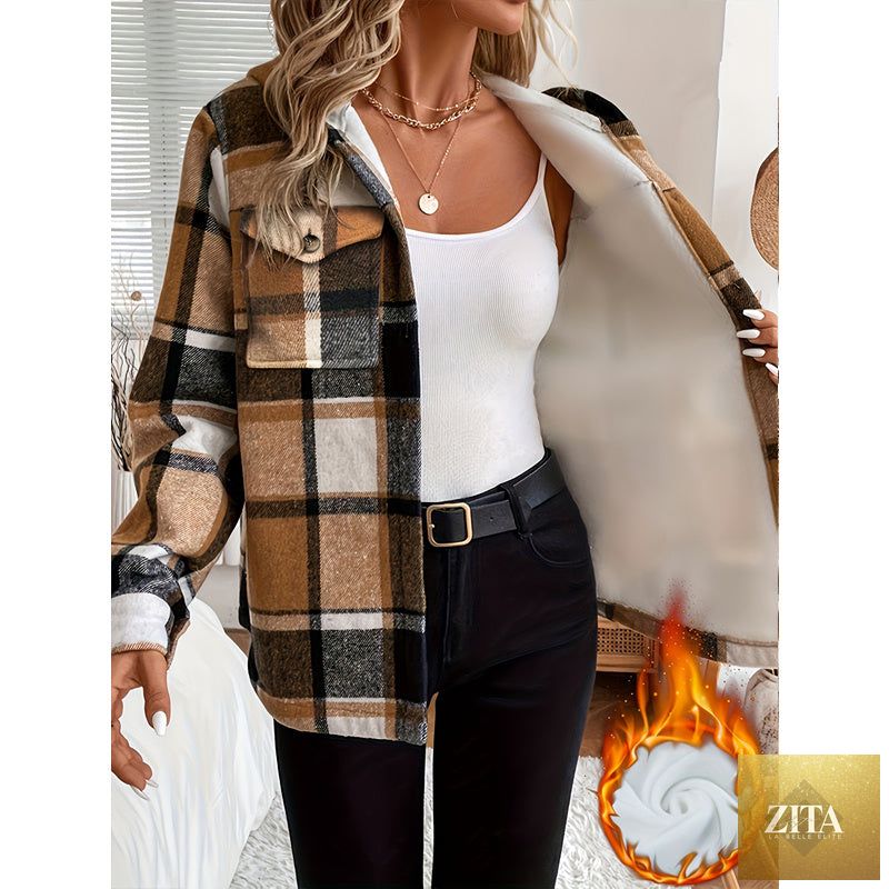 Women's plaid fleece-lined hooded jacket by FitiqueFit, showing the cozy plaid pattern and attached hood for cold weather warmth.