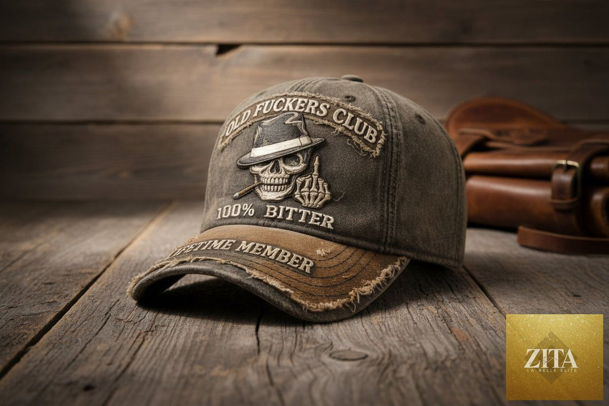 Embroidered distressed curved-brim baseball cap with retro logo style from FitiqueFit, featuring a worn look and classic design.