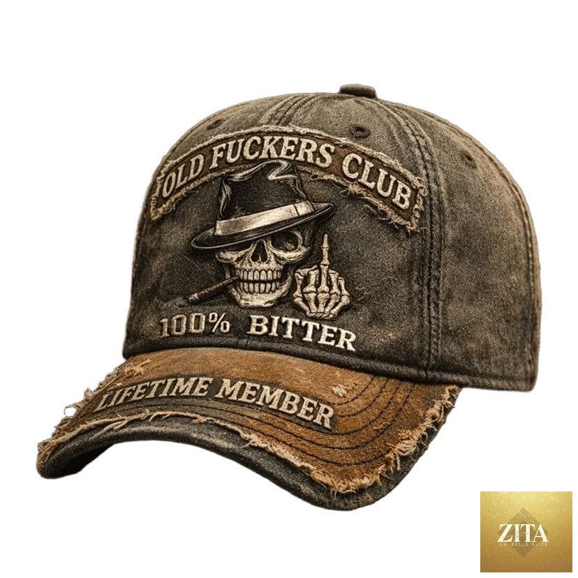 Embroidered distressed curved-brim baseball cap by FitiqueFit with retro logo style, showcasing a worn, vintage-inspired design.