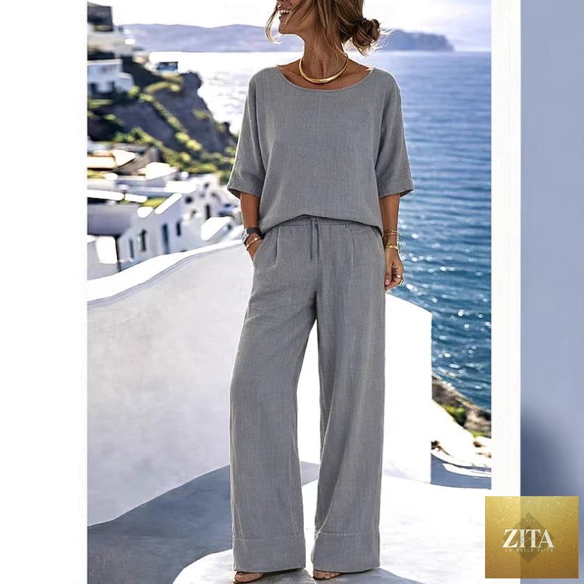 Women's cotton linen resort set by Zita La Belle Elite featuring a short sleeve top and wide-leg pants in a relaxed fit.