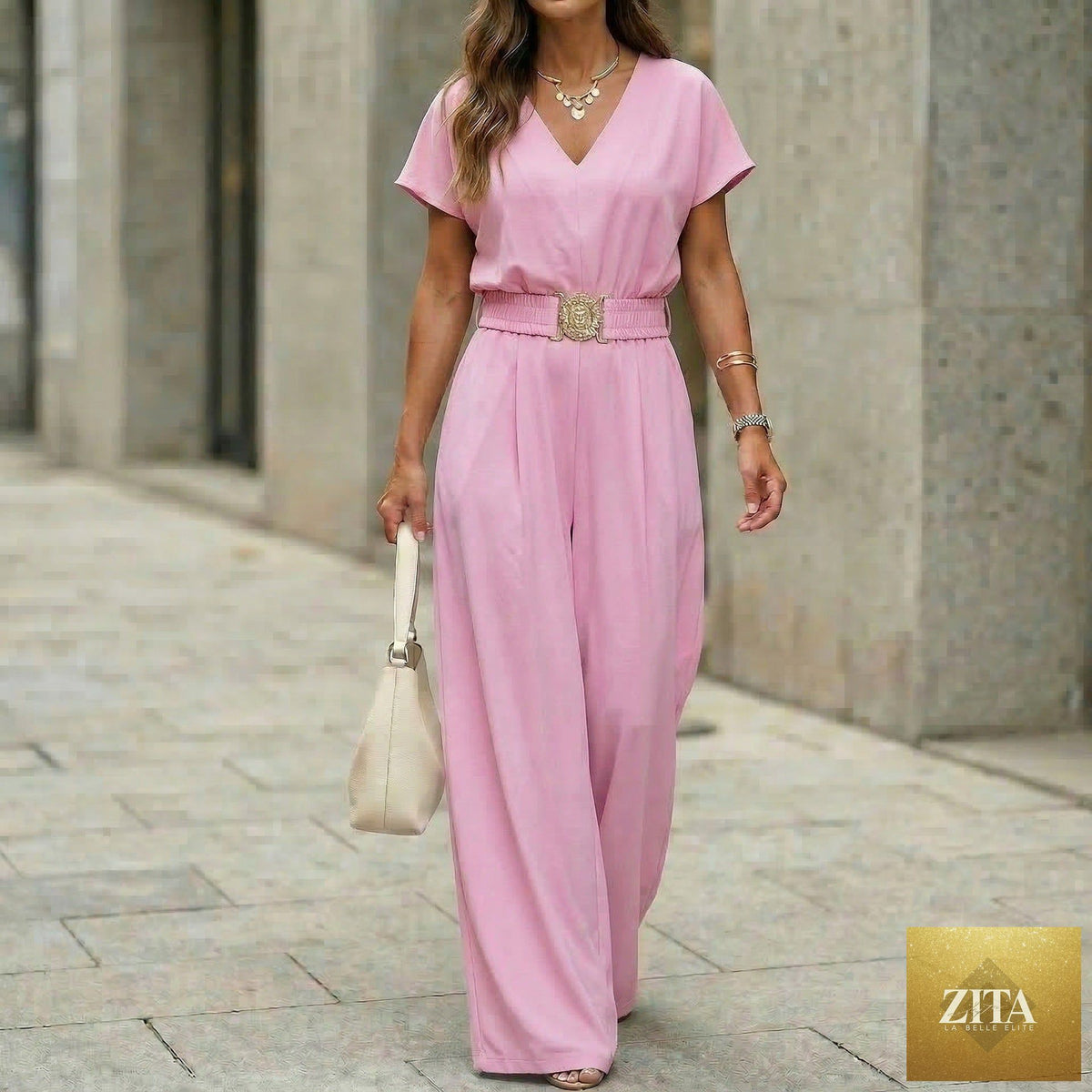 Women's FitiqueFit V-neck belted wide-leg jumpsuit, casualwear, featuring a V-neckline, waist belt, and wide-leg design.