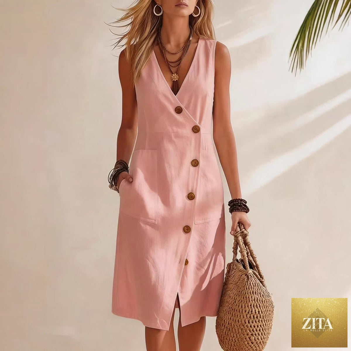 Women's casual FitiqueFit resort V-neck sleeveless midi dress with asymmetrical button details and a relaxed, stylish fit.
