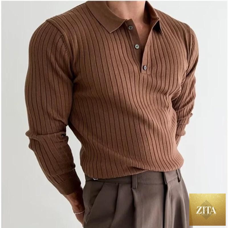 Mandotos men's long sleeve slim fit polo shirt with lapel collar and button details, in a classic style.
