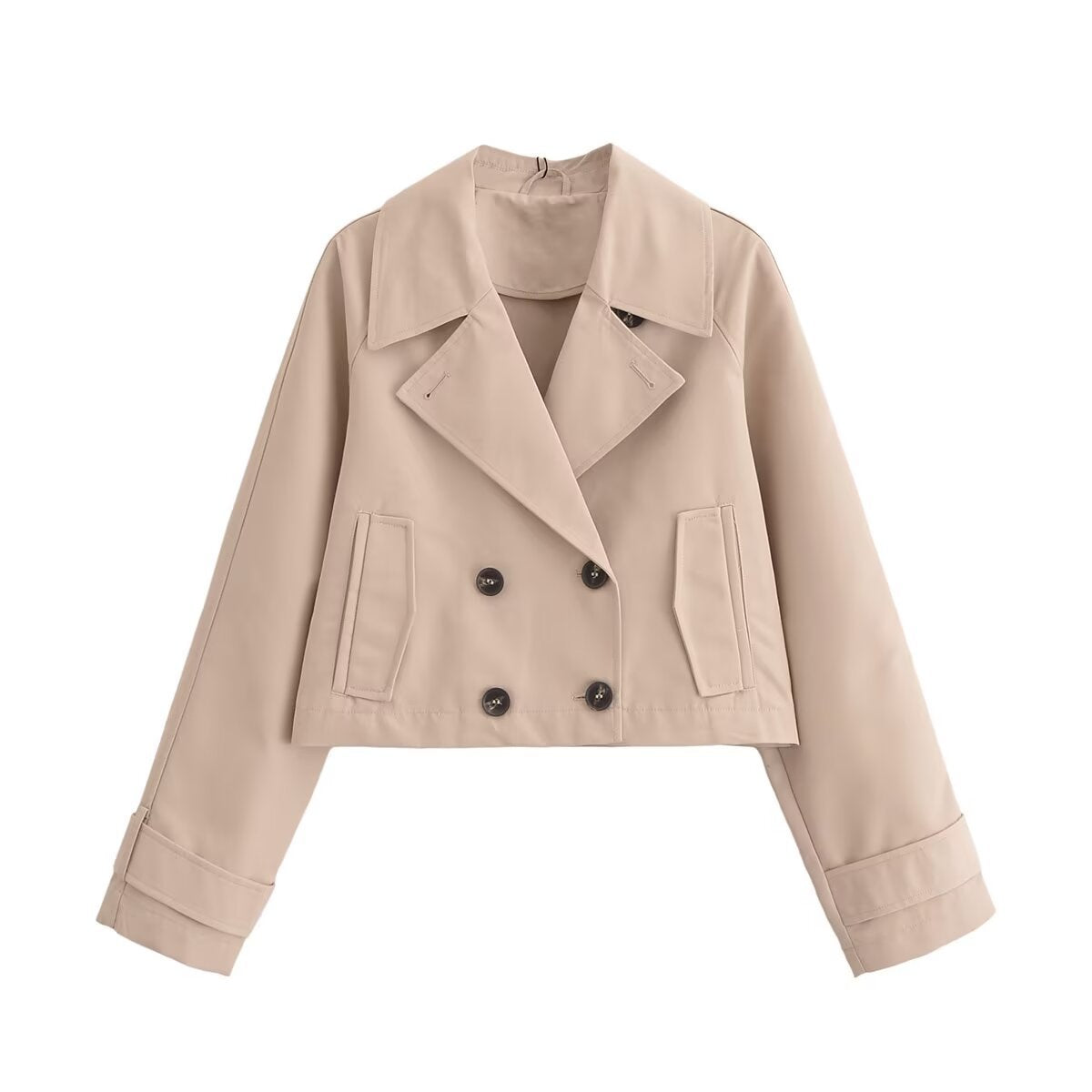 Elegant women's French trench coat with long sleeves, European and American style, featuring a classic tailored fit and neutral color.